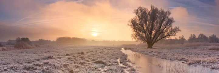 Foto auf Acrylglas Nach Farbe Sonnenaufgang über einer gefrorenen Landschaft in den Niederlanden