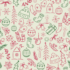 Seamless pattern with christmas doodles. Christmas gifts, decorations, etc.