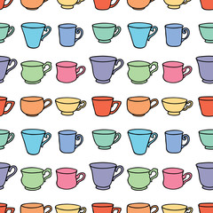 Seamless pattern of set various colrful tea cups