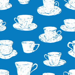 Seamless pattern of silhouettes drawn tea cups