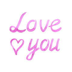 Love you - hand drawn lettering. Watercolor elements for Valentine's day, wedding. Isolated on white background