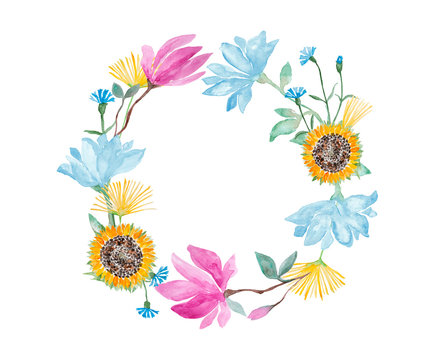 Circle of mixed blossom flowers watercolor painting, hand drawn wreath isolated on white background