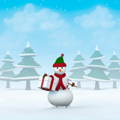 Christmas snowman in a snowy winter landscape