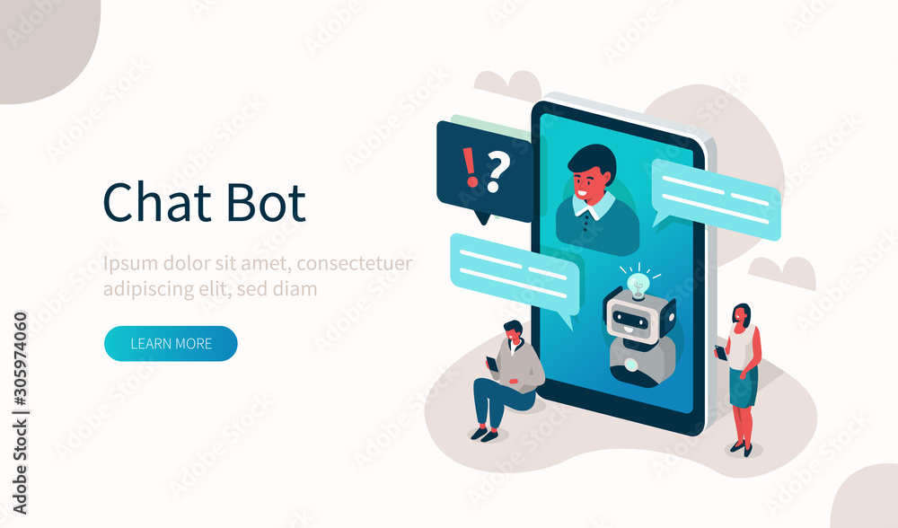 Poster customers having dialog with chat bot on smartphone. characters chatting with robot, asking question