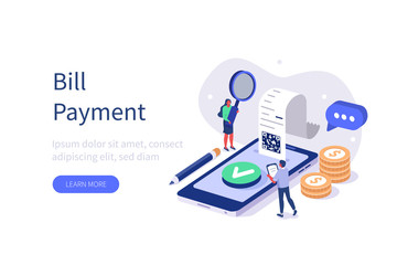 People Characters paying Bill on Smartphone. Woman and Man Characters checking Online Receipt or Invoice. Online Banking Technology and Mobile Payment Concept. Flat Isometric Vector Illustration.  - obrazy, fototapety, plakaty