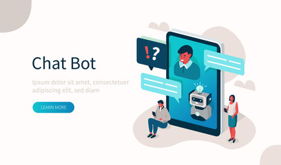  Customers having Dialog with Chat Bot on Smartphone. Characters Chatting with Robot, Asking Questions and receiving Answers. AI Chatbot Support and FAQ Concept. Flat Isometric Vector Illustration. 