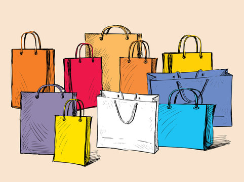 Vector image of drawn colorful shopping bags. All objects isolated.