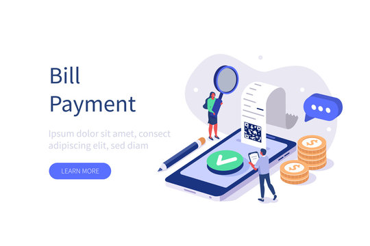 People Characters Paying Bill On Smartphone. Woman And Man Characters Checking Online Receipt Or Invoice. Online Banking Technology And Mobile Payment Concept. Flat Isometric Vector Illustration. 