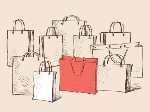 Vector image of shopping bags sketches. All objects isolated.