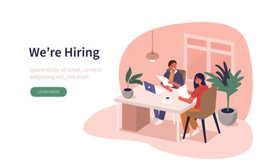 Hr Manager Talking Interview with Job Candidate. Man and Woman Characters have a Dialogue. People Recruitment Process. Human Resource Management and Hiring Concept. Flat Cartoon Vector Illustration