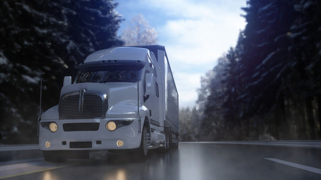 Truck on the road with snow in winter. 3d rendering