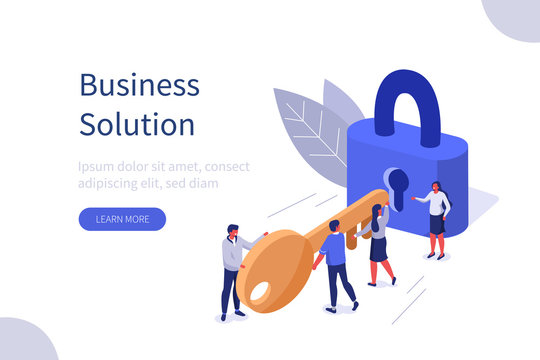  Business Team Holding Golden Key and Unlocking the Lock. Successful Businessman and Businesswoman  Working Together. Business Solution Concept. Flat Isometric Vector Illustration.