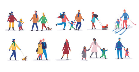 Fototapeta na wymiar Set of different families walking together in winter with dogs, skiing, sledding or tobogganing, some with children and arm in arm romantic couples, colorful vector illustration over white