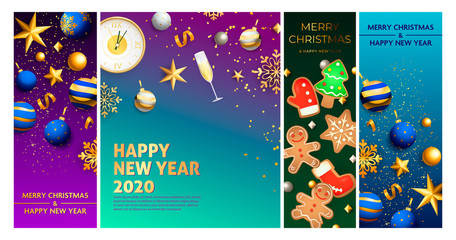 Merry Christmas and Happy New Year greeting flyers. Lettering text with decorations can be used for invitation and greeting card. Holiday concept