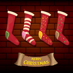 vector cartoon cute christmas stocking or socks with color ornament isolated on brick wall background. Merry Christmas vector greeting card or background with calligraphic text on old vintage wall