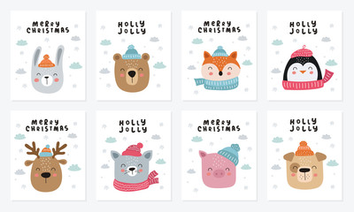 Merry Christmas and Happy New Year poster collection with cute animals