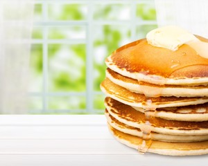Stack of delicious pancakes, homemade breakfast concept