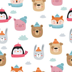 Merry Christmas and Happy New Year. Seamless pattern with cute animals.