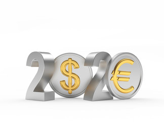 Silver numbers 2020 and coins with Euro and Dollar signs isolated on a white background. 3D illustration.