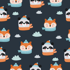 Merry Christmas and Happy New Year. Seamless pattern with cute animals.