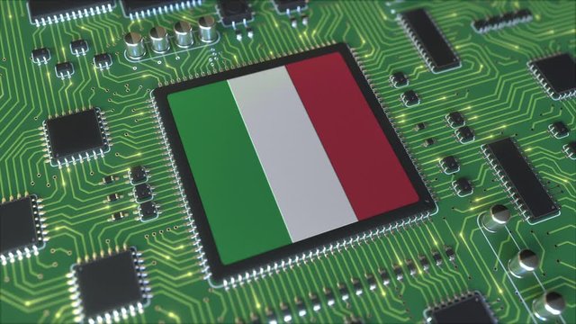 National flag of Italy on the operating chipset. Italian information technology or hardware development related conceptual 3D animation