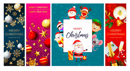 Merry Christmas blue greeting card with Santa Claus. Posters with decorations can be used for invitation and greeting card. Holiday concept
