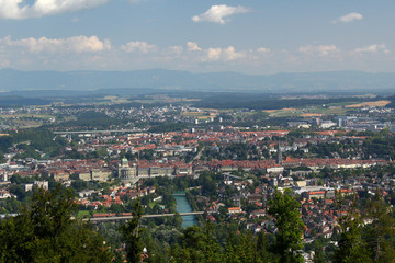 Fototapeta na wymiar Bern. View on the city and landscape of Bern from park Gurtenpark on a sunny day on August 3, 2019