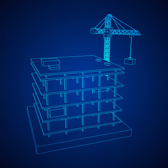 Building under construction with crane. Build house construct in process. Wireframe low poly mesh vector illustration