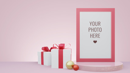 3D Rendering : illustration of empty Picture frame pink mock up on shelf. Decoration with gold gift box color ball. Light pastel New year interior design mock up for insert your product. clipping path