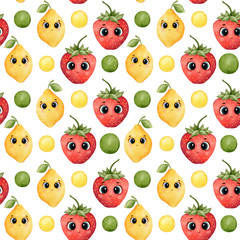 Pattern with lemon and strawberry isolated on white background. kawaii fruit pattern.