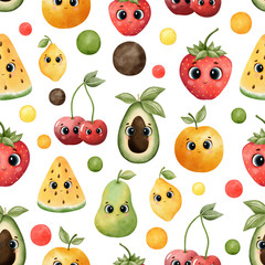 kawaii fruit pattern. Pattern with pineapple, avocado, strawberries and cherries isolated on white background.