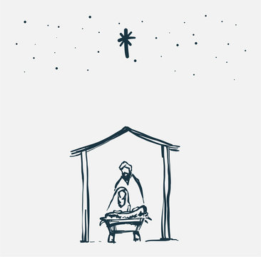 Drawing, Bible Merry christmas scene of holy family. Vector