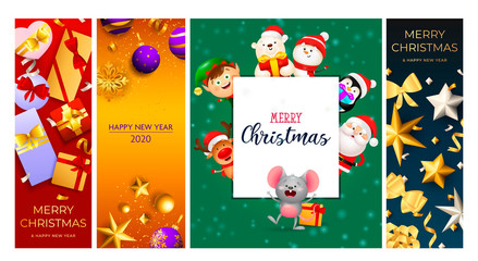 Merry Christmas greeting card with funny mouse. Posters with decorations can be used for invitation and greeting card. Holiday concept
