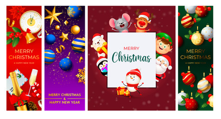 Merry Christmas greeting card with funny snowman. Posters with decorations can be used for invitation and greeting card. Holiday concept