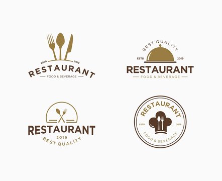 set of logo design for restaurants with knives, forks and spoons