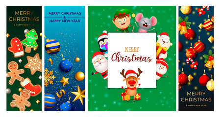 Merry Christmas greeting card with little deer. Posters with decorations can be used for invitation and greeting card. Holiday concept