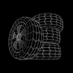 Automobile rubber car wheel tire and rim. Wireframe low poly mesh vector illustration. Auto service repair concept.