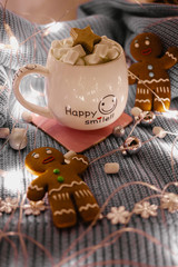 Christmas holidays wood background with Cup of Cocoa with marshmallow, luminous garland and cookie. toning. selective focus