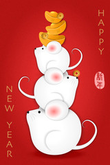 2020 Chinese new year of cute cartoon mouse and golden ingot. Chinese translation : Happy new year.