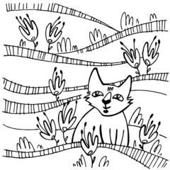 A cat sitting in the waves of plants