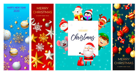 Merry Christmas greeting card with Santa Claus. Posters with decorations can be used for invitation and greeting card. Holiday concept