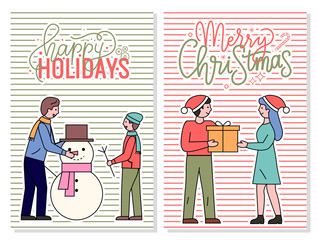 Merry christmas and happy holidays postcard vector. People exchanging presents on winter events. Dad and son sculpting snowman outdoors. Xmas and traditions of gift giving, wintertime flat style
