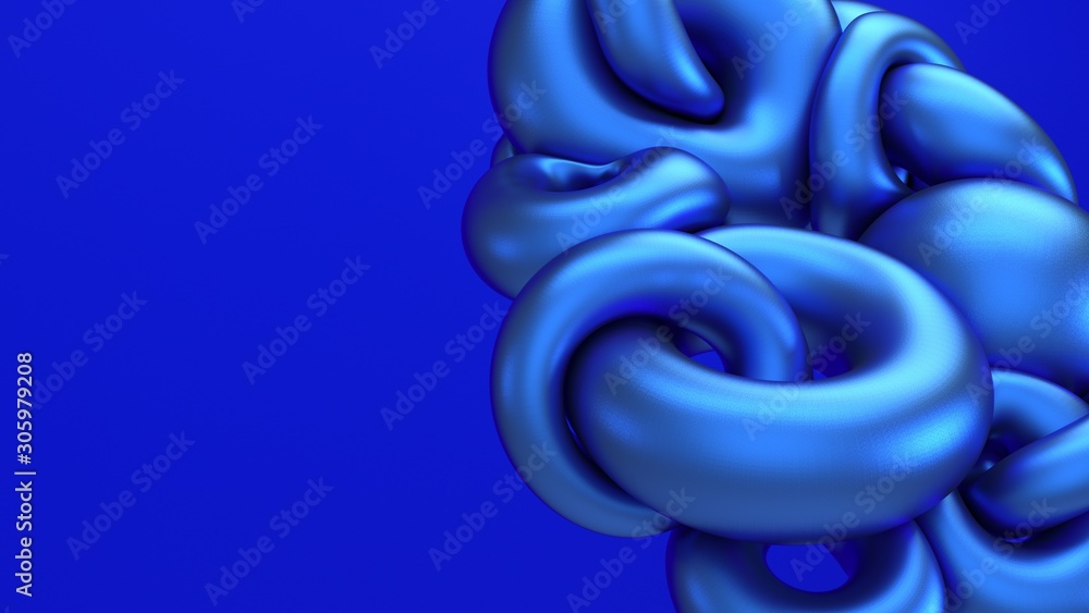 Poster 3d rendering blue metallic flying abstraction. computer generated illustration of soft liquid shapes