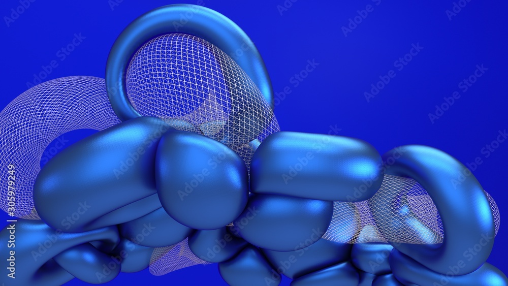 Aufkleber 3d rendering blue metallic flying abstraction. computer generated illustration of soft liquid shapes
