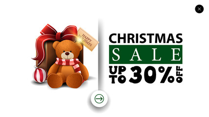 Christmas sale, up to 30% off, white discount banner in minimalistic style for website with present with Teddy bear