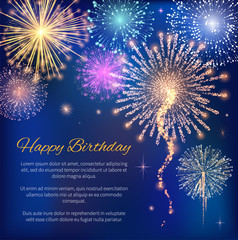 Happy Birthday poster decorated by fireworks symbols on blue glossy background. Postcard with template lettering and colorful sparkles. Congratulation festive card on B-day with salute vector