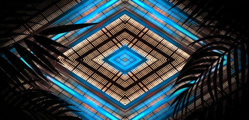Dark neon background. Empty dark stage scene with tropical leaves. Neon light, spotlights. Night view.