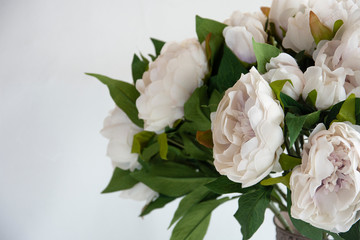 A bouquet of beautiful delicate peonies on a light pastel background, for all women.
