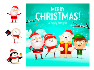 Merry Christmas greeting card with Santa Claus. Lettering with decorations can be used for invitation and greeting card. Holiday concept