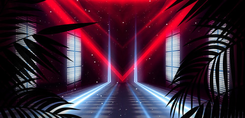 Dark neon background. Empty dark stage scene with tropical leaves. Neon light, spotlights. Night view.